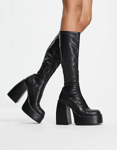 ASOS DESIGN Chaos chunky platform knee boots in black
